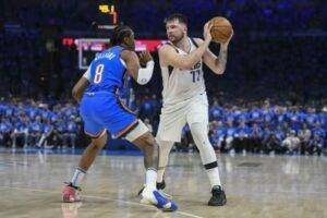 The Mavericks hand the Thunder their first playoff loss with a score of 119-110.